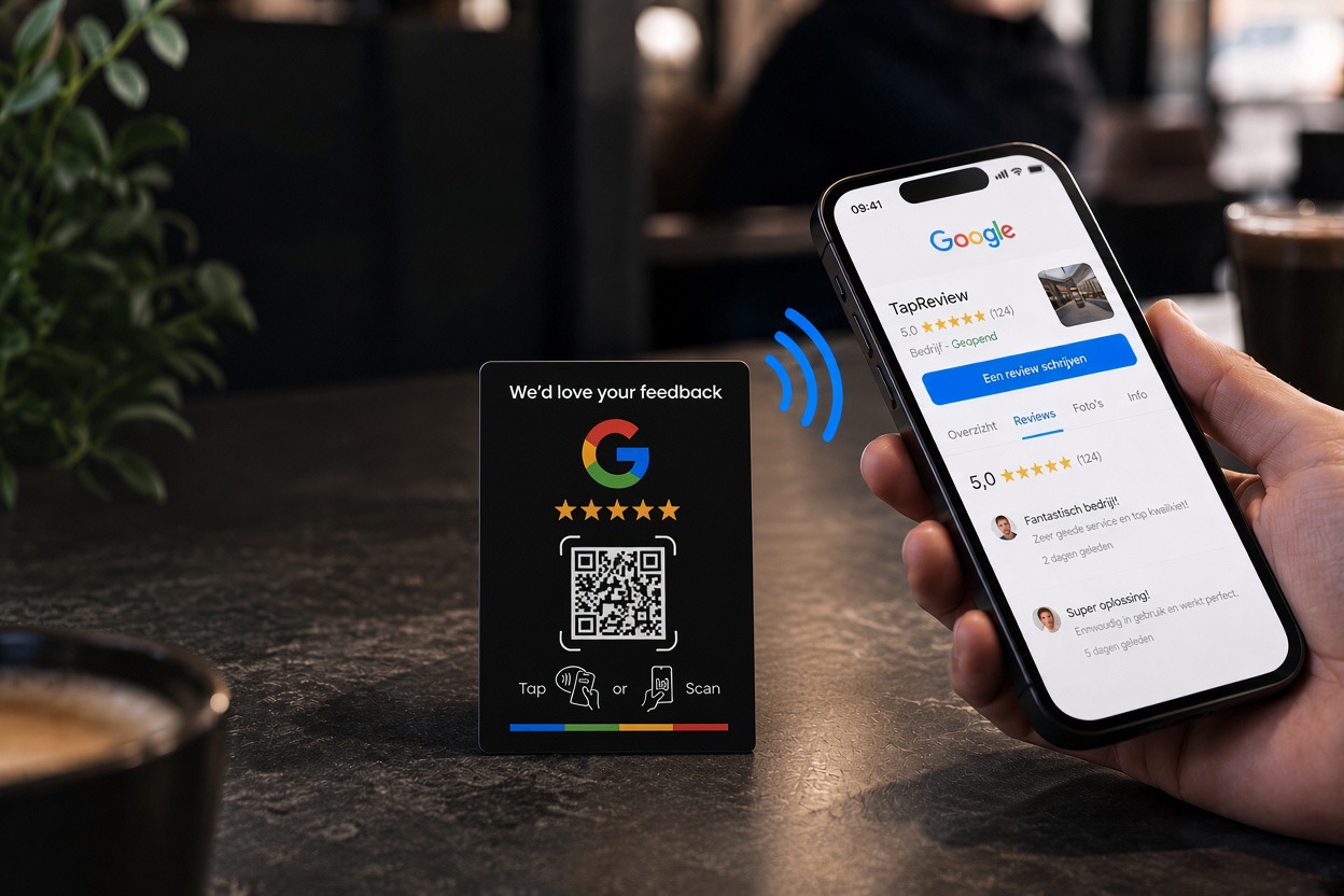 TapReview NFC reviewkaart naast een smartphone die de Google-reviewpagina opent